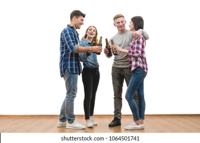 The Four Happy Friends Drink A Beer On A White Wall Background