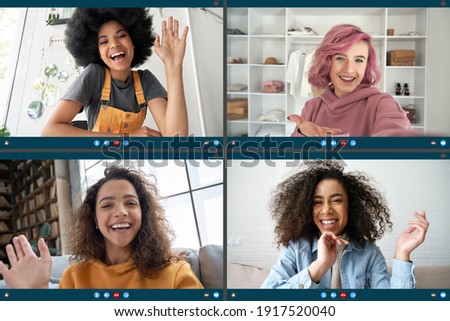Four happy multicultural diverse friends young women talking in online virtual zoom chat video call in group conference social distance chat virtual meeting. Computer videocall app montage screen view Stock photo © 
