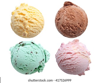 Four ice cream scoops isolated on a white background including vanilla, chocolate, mint and strawberry - Shutterstock ID 417526999