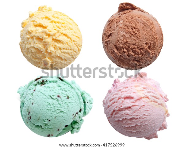 白い背景にバニラ チョコレート ミント イチゴなどの4つのアイスクリームスクープ の写真素材 今すぐ編集