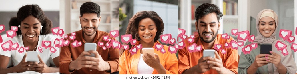 Four individuals from diverse backgrounds, including a Black woman, an Indian man, a Middle Eastern woman, and a white man, are all smiling while looking at their smartphones. - Powered by Shutterstock