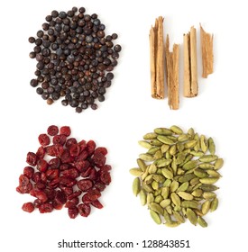 Four Ingredients For Making A Perfect Gin Tonic: Juniper Berries, Cinnamon, Cardamom And Dry Red Cranberry.