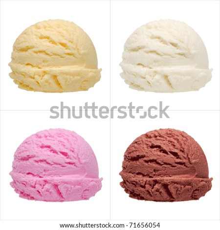 Four isolated scoops of ice cream from side
