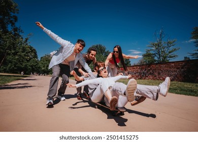 Four joyful friends enjoy a sunny day at the park by riding on a skateboard, sharing laughter and excitement. - Powered by Shutterstock