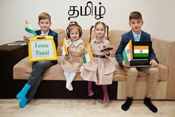 Four Kids Show Inscription Learn Tamil. Foreign Language Learning Concept. Indian Flags.
