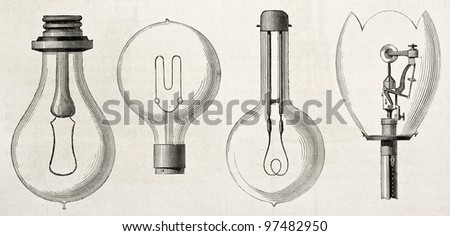 Four kinds of lamp in the Electricity Exposition of 1882 (Paris): Edison, Maxim, Swan, Werdermann. By unidentified author, published on Magasin Pittoresque, Paris, 1882