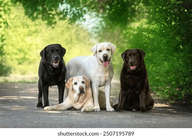 four labrador dogs of different colors sitting side by side in different poses on a natural green background