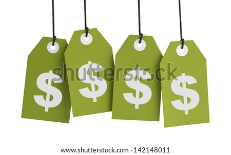 Four Large Green Tags with Money Symbols Isolated on White Background.