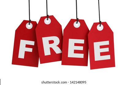 Four Large Red Tags with the Word Free on it, Isolated on White Background.