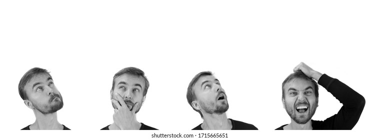 Four Man Heads With Different Emotions And Face Grimace, Black And White Photo On White Background, Multiple Portraits Collage, Banner With Copy Space