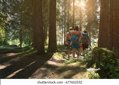 Four Man And Woman Walking Along Hiking Trail Path In Forest Woods During Sunny Day. Group Of Friends People Summer Adventure Journey In Mountain Nature Outdoors. Travel Exploring Alps, Dolomites