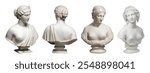 Four marble busts of classical female figures, showcasing intricate hairstyles and draped garments. Elegant marble sculptures of women in classical style. Antique sculptures isolated on white.