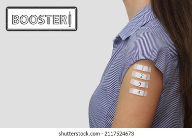 Four medical plasters on the arm of a young woman with numbers 1, 2, 3, 4. Symbol of four doses of covid-19 vaccinations, including booster shots. Lettering Booster with a syringe on the drawn sign. - Shutterstock ID 2117524673