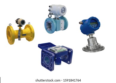 Four Modern Industrial Gas Meter High Precision Digital Isolated On White Background