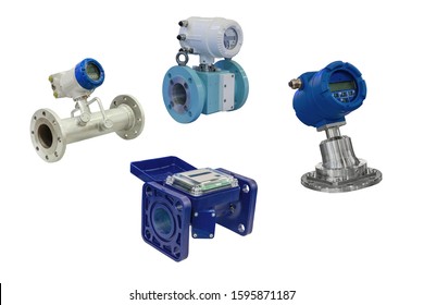 Four Modern Industrial Gas Meter High Precision Digital Isolated On White Background