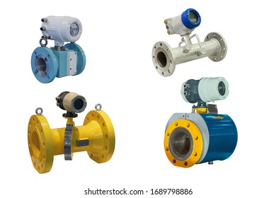 Four Modern Industrial Gas Meter High Precision Digital Isolated On White Background