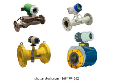 Four Modern Industrial Gas Meter High Precision Digital Isolated On White Background