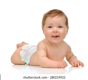 Four Month Infant Child Baby Girl In Diaper Lying Happy Smiling On A White Background