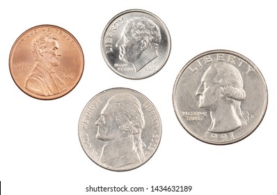 The four most commonly used American Coins. A quarter, dime, nickle, and penny isolated on a white background - Shutterstock ID 1434632189