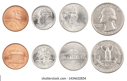 The four most commonly used American Coins. A quarter, dime, nickle, and penny isolated on a white background