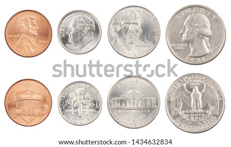 The four most commonly used American Coins. A quarter, dime, nickle, and penny isolated on a white background