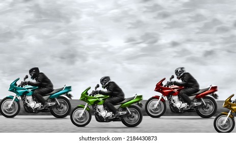 Four Motorcyclists Riding The Road In A Convoy