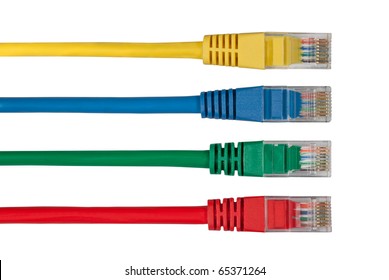 Four Multi Colored Network Cables. Red, Yellow, Green, Blue Color