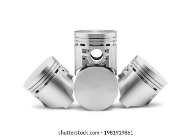 Four new pistons for engine isolated on white background. Car spare parts.