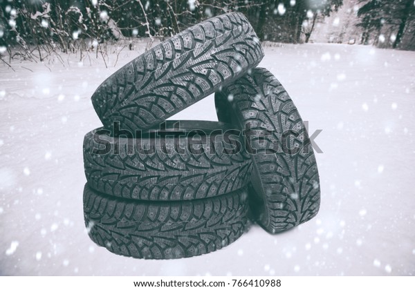 Four new tires on snow in
the park