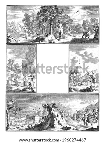 Four numbered representations from the Old Testament. Above: the creation of Eve, the temptation and the expulsion from paradise. Center right: Cain tills the land and Abel looks after the cattle