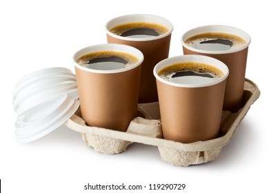 Four opened take-out coffee in holder. Isolated on a white.
