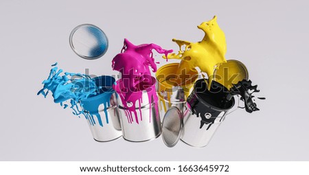 Four paint cans splashing CMYK colors, printing concept image