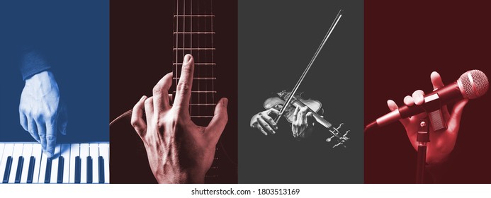four parts of musician hands playing musical instrument. music background - Shutterstock ID 1803513169