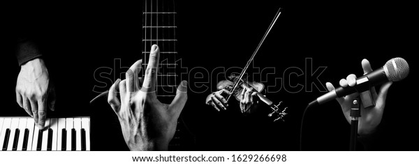 four parts of musician hands playing musical\
instrument. music\
background