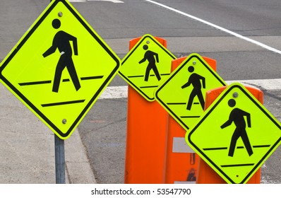 Four Pedestrian Traffic Warning Signs On Stock Photo 53547790 ...