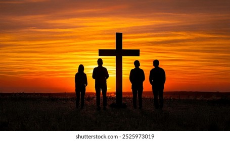 Four people stand in silhouette against a vibrant sunset, with a large cross in the center of the frame. The sky is filled with streaks of orange and red, creating a dramatic and spiritual atmosphere. - Powered by Shutterstock