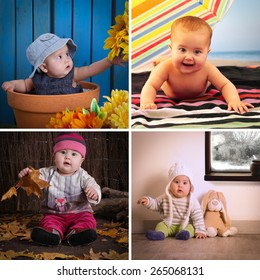 Four Photos Of A Baby Dressed For Several Seasons