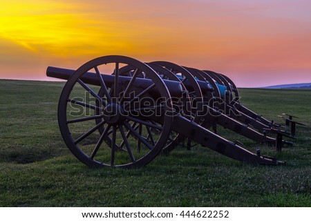 Four pieces of artillery in a row at Antietam National Battlefield in Sharpsburg, Maryland. The battle at Antietam was the bloodiest single-day battle in American history.