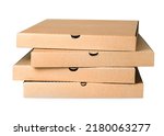 four pizza boxes in a stack on an isolated white background