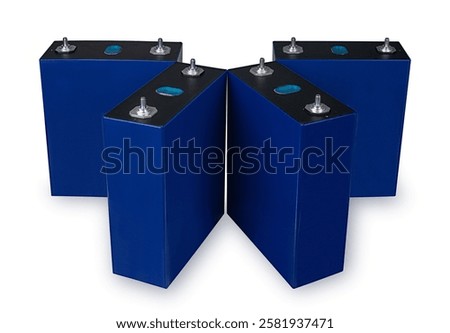 Four prismatic modules Lithium Iron Phosphate LiFePO4 blue prismatic cell isolated on white. Clipping path.