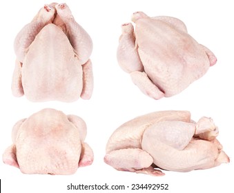 four raw sides of chicken isolated on white background. front, side, top and diagonal view.