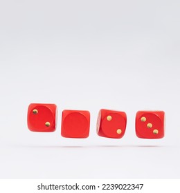 Four red floating dice on a white background with an abstract combination of numbers in 2023 - the symbol of the coming year. Minimal New Year background. Something exciting is coming!