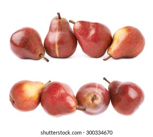 Four red pears composition isolated over the white background, set of two different foreshortenings
