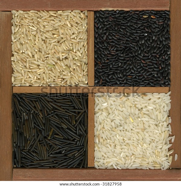 four rice grains, Jasmine white, forbidden,\
wild, and California brown Basmati, in a rustic wooden box or\
drawer with dividers