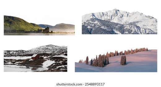 Four scenic landscapes: misty castle by a lake, snowy mountain peaks, rustic cabin by a snowy hill, and snow-covered trees on a gentle slope. Nature border elements isolated on white background. - Powered by Shutterstock