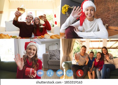 Four screens showing people having christmas video chats. family and friends at home, wearing santa hats interacting, smiling, waving, making a toast with wine glasses. social distancing during covid - Powered by Shutterstock