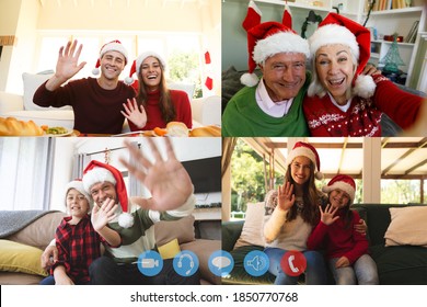 Four Screens Showing People Wearing Santa Hats Having Video Chat Interacting With Friends, Smiling And Waving. Social Distancing During Covid 19 Pandemic At Christmas Time.