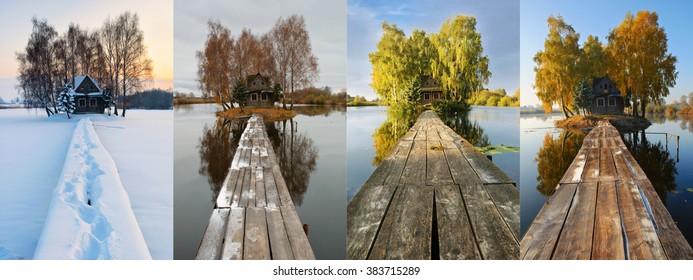 Four Seasons Of A Fabulous House. Picturesque Hut On A Small Island