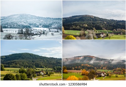 Four seasons of year in european climate in southern Germany as nature concept - snowy winter, blooming spring, rich summer, colorful autumn.
Collage with same view to landscape with mountains, fields