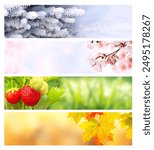 Four seasons of year. Set of horizontal nature banners with winter, spring, summer and autumn scenes. Nature collage with seasonal scenics. Copy space for text